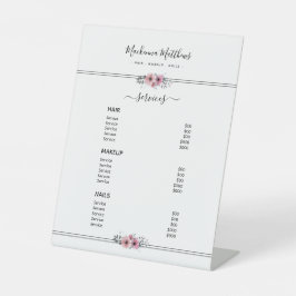 Modernes Menü mit Blumensignatur Weißer Salon Sockelschild