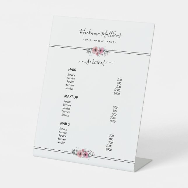 Modernes Menü mit Blumensignatur Weißer Salon Sockelschild (Vorderseite)