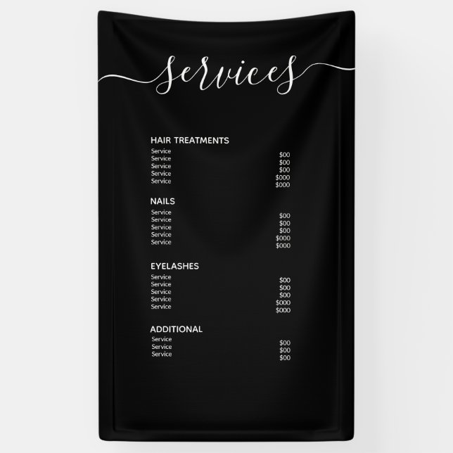 Modernes Menü mit Preisliste für schwarze Haare Banner (Vertikal)