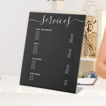 Modernes Menü mit Preisliste für schwarze Haare