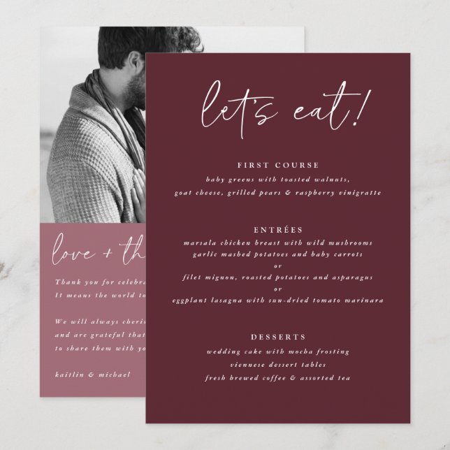 Modernes Merlot-Hochzeitmenü mit Foto Back Menükarte (Vorne/Hinten)