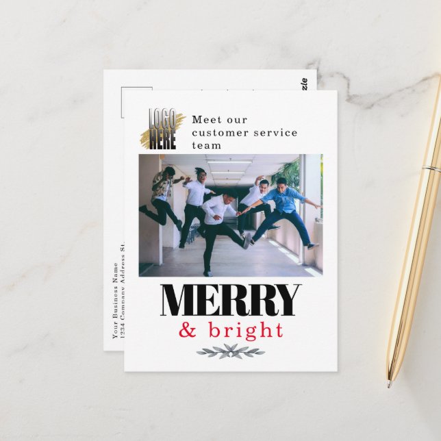 Modernes Merry and Bright Company Foto Weihnachten Postkarte (Vorderseite/Rückseite Beispiel)