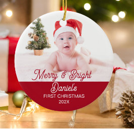 Modernes Merry & Bright First Christmas Baby Foto Keramik Ornament