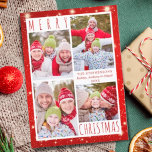 Modernes MERRY CHRISTMAS 4 Foto Collage Red Lights Feiertagskarte<br><div class="desc">Moderne Foto Collage Urlaubskarte mit 4 Bildern mit dem Gruß MERRY CHRISTMAS in moderner handgeschriebener Typografie vor weißem und rotem Hintergrund mit Lichtern und Sternen. HILFE: Für Hilfe bei der Modifizierung oder Personalisierung des Designs, bei Farbänderungen, bei der Größenänderung, bei der Übertragung des Designs auf ein anderes Produkt oder wenn...</div>