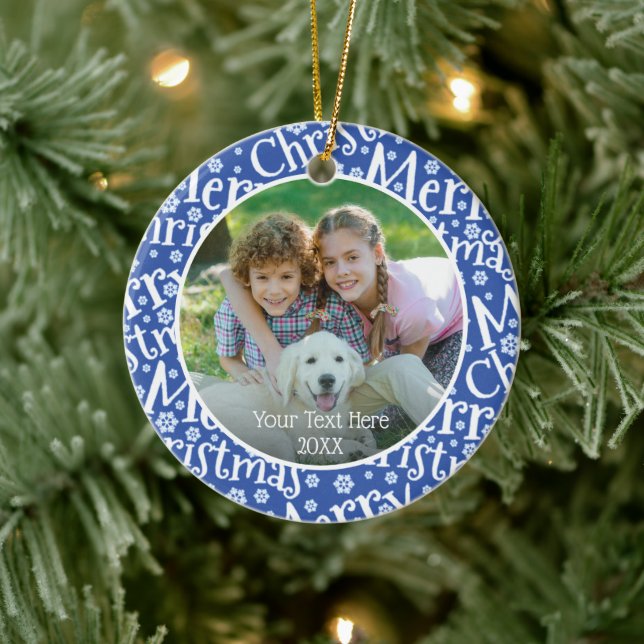 Modernes MERRY CHRISTMAS Blue Snowflake Foto Keramik Ornament (Baum)