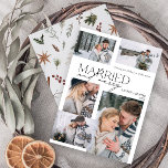 Modernes Merry & Verheiratet 5 Foto neu Feiertagskarte<br><div class="desc">Die atemberaubende neue Modern Merry & Verheiratet 5 Foto Newlywed Holiday Card: Ein modernes Design mit eleganter Typografie und fünf hochgeschätzten Fotos in Schwarz und Weiß. Die minimalistische Front wird durch ein warmes, festliches botanisches Wassermuster auf der Rückseite ergänzt, das Kieferngrün, Eukalyptus, Kiefernzapfen, Zimt und Beeren zeigt. Ideal, um Ihre...</div>