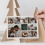 Modernes Merry | Weihnachtsfoto-Collage Card Feiertagskarte<br><div class="desc">Die moderne Weihnachts-Foto-Collage-Karte verfügt über acht Fotos,  die in einem Gitter angeordnet sind,  mit Ihrer persönlichen Urlaubsbotschaft und den Namen in Weiß auf Jäger Grün. Ein einfaches und minimales Design,  das Ihre Lieblings-Fotos zeigt. Karten kehren zu einem dunkelgrünen und weißen Schneeflockenmuster zurück.</div>
