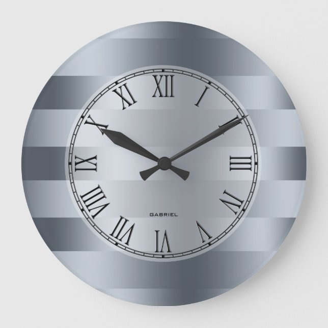 Modernes Metallisches Blaugraues Streifenmuster Große Wanduhr (Vorderseite)
