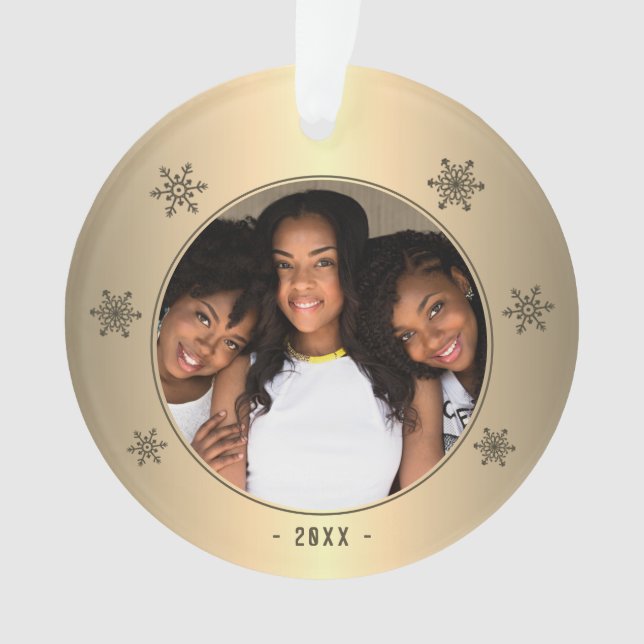 Modernes Metallisches Goldenes Schneeflocken Foto Ornament (Vorderseite)