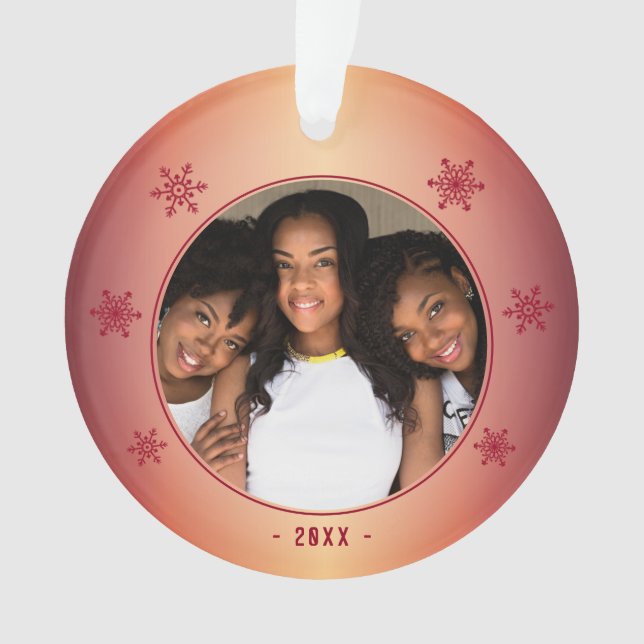 Modernes Metallisches Rotes Schneeflocken-Foto Ornament (Vorderseite)