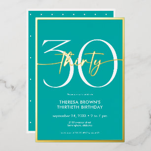 Modernes Minimal Aqua Thirty Script Geburtstag Folieneinladung