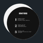Modernes Minimal Black Round Circle Wedding Menü Menükarte<br><div class="desc">Dieses zeitgenössische Hochzeitsmenü bietet die Gerichte Ihres Hochzeitsmahles in schlichten Schriftart und ein elegantes und gepflegtes Design. Diese solide schwarze Kreissenkarte hebt sich von der Masse ab. Moderne Typografie und Menüdesign für eine moderne Hochzeit. Alle Elemente sind anpassbar - Text, Hintergrund und Farben. Bearbeiten Sie die Namen und Daten auf...</div>