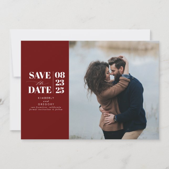 Modernes Minimal-Burgundy-Rot-Save the Date-Foto Save The Date (Vorderseite)