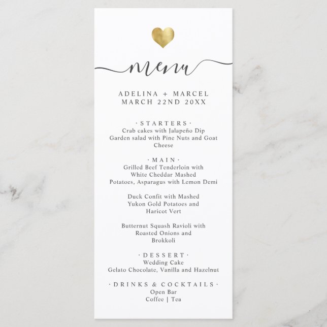Modernes Minimal Calligraphy Gold Heart Wedding Me Menükarte (Vorderseite)
