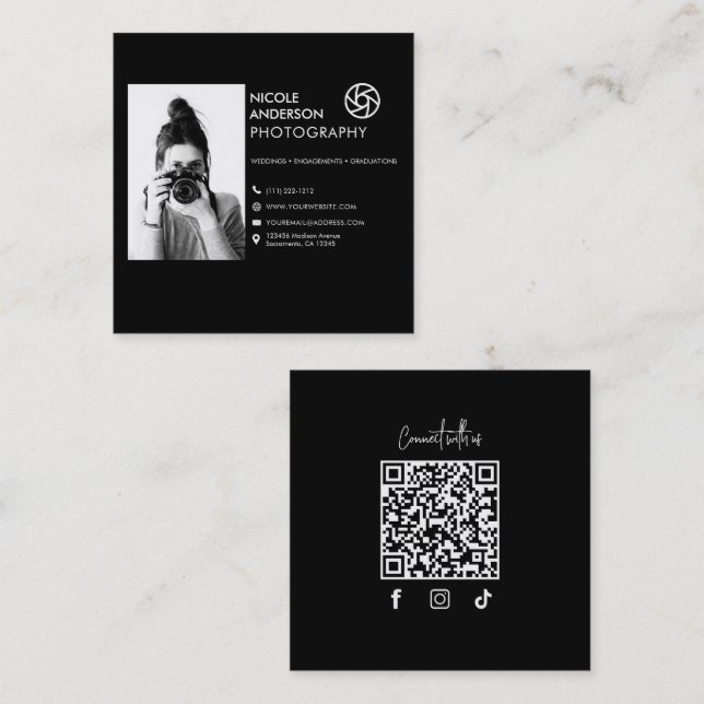 Modernes Minimal-Camera-Fotograf-Bild-Logo Quadratische Visitenkarte (Vorne/Hinten)