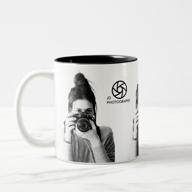 Modernes Minimal-Clean 3-Fotos Foto & Logo Zweifarbige Tasse (Links)