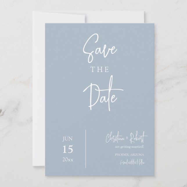 Modernes Minimal Dusty Blue Boho Save the Date Fot Einladung (Vorderseite)