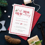 Modernes Minimal Essensgetränk Sei froh Weihnachte Einladung<br><div class="desc">Laden Sie Liebste zu Weihnachten mit unserer Weihnachtsfeier ein. "Essen,  trinken und fröhlich sein" wird in festlicher Typografie mit einem Aquarell-Heiligsprig präsentiert. Ihre Party-Details erscheinen in eleganter Typografie innerhalb einer doppelten Grenze. Auf der Rückseite ist ein roter Hintergrund mit weißen,  von Hand gezeichnet Punkten verziert.</div>