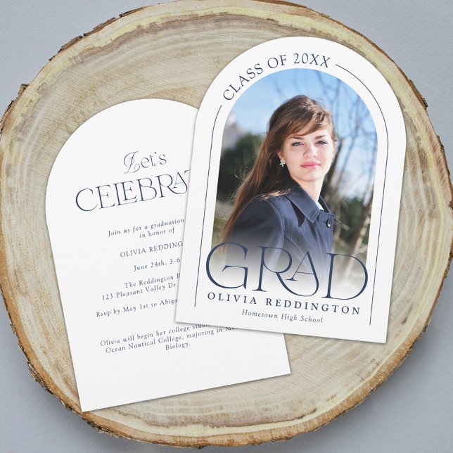 Modernes Minimal Foto Arch Navy Blue Grad Party Einladung (Von Creator hochgeladen)