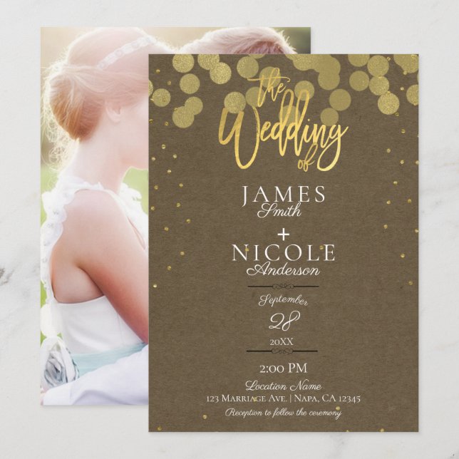 Modernes Minimal Gold Confetti Foil Foto Hochzeit Einladung (Vorne/Hinten)