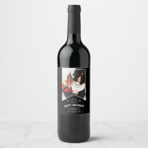 Modernes Minimal Happy Holidays Foto Black Ribbon Weinetikett