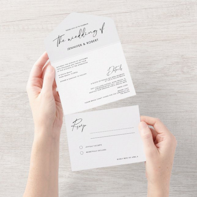 Modernes Minimal-Kalligrafie-Script-Foto Hochzeit All In One Einladung (Abreißen)