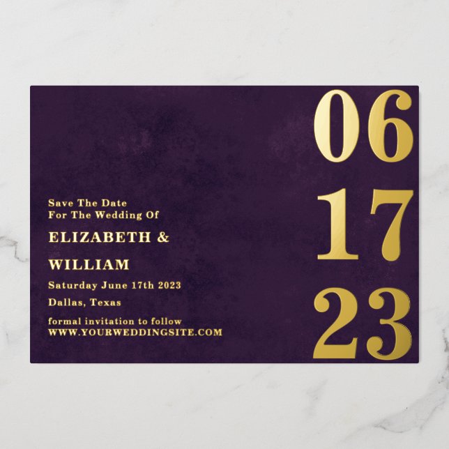 Modernes Minimal Lila Gold Foto Save the Date Folieneinladung (Vorderseite)