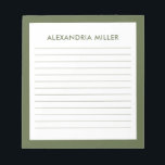 Modernes Minimal Monogram Name Olive Notizblock<br><div class="desc">Berufliches Notizblock mit minimalistischem Design in einer olivgrün-weißen Farbpalette. Einfache Einmaligkeit und Name auf einem einfachen,  weißen Hintergrund,  gerahmt durch einen oliven Rahmen. Personalisieren Sie die Eingabe mit den angegebenen Feldern,  oder wenden Sie sich mit der Schaltfläche 'Nachricht' an den Designer,  um Hilfe zu erhalten.</div>