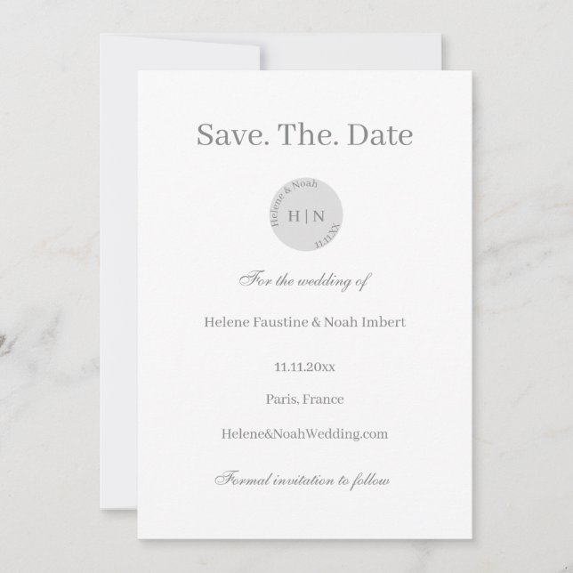 Modernes Minimal-Monogramm grauweiß Save the Date Einladung (Vorderseite)