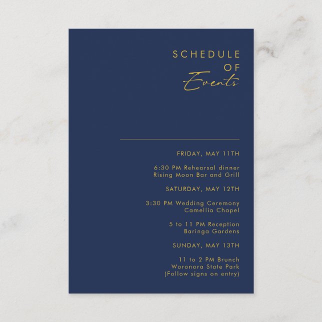 Modernes Minimal Navy Blue Gold Veranstaltungskale Begleitkarte (Vorderseite)