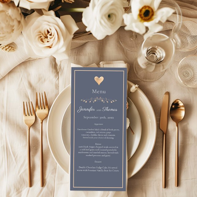 Modernes Minimal Navy Blue Heart Wedding Menu Menükarte (Von Creator hochgeladen)