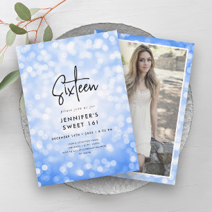 Modernes Minimal Navy Blue Lights Foto Sweet 16 Einladung