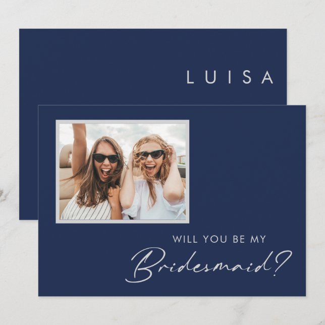 Modernes Minimal Navy Blue Silver Foto Bridesmaid Einladung (Vorne/Hinten)