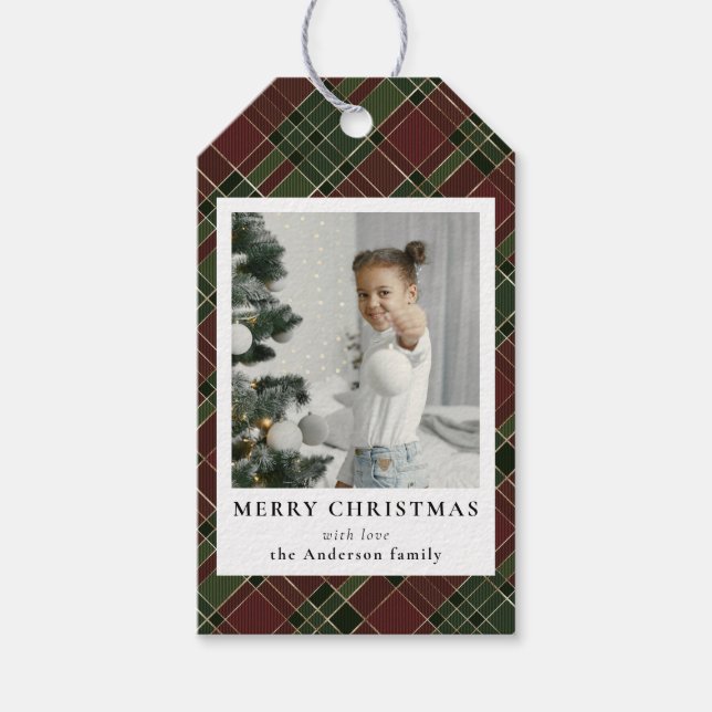 Modernes Minimal Rot & Grün Weihnachtsfamilien Fot Geschenkanhänger (Vorderseite)