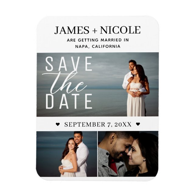 Modernes Minimal Save the Date Hochzeit 3 Fotos Magnet (Vertikal)