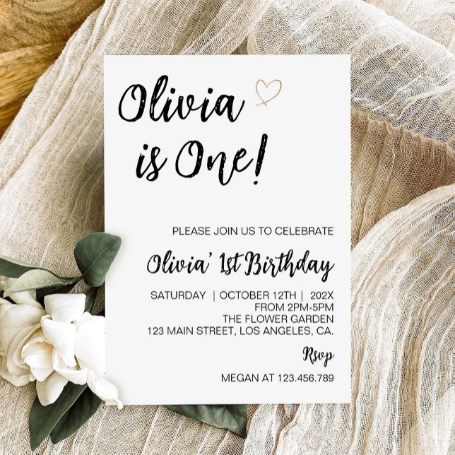 Modernes Minimal Schwarz und Weiß 1. Geburtstag Einladung (Von Creator hochgeladen)