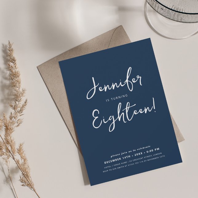Modernes Minimal Script 18. Geburtstag Navy Blue Einladung (Modern Minimal Script 18th Birthday Navy Blue Invitation)