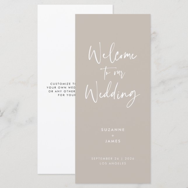 Modernes Minimal Taupe Script Wedding Programm (Vorne/Hinten)