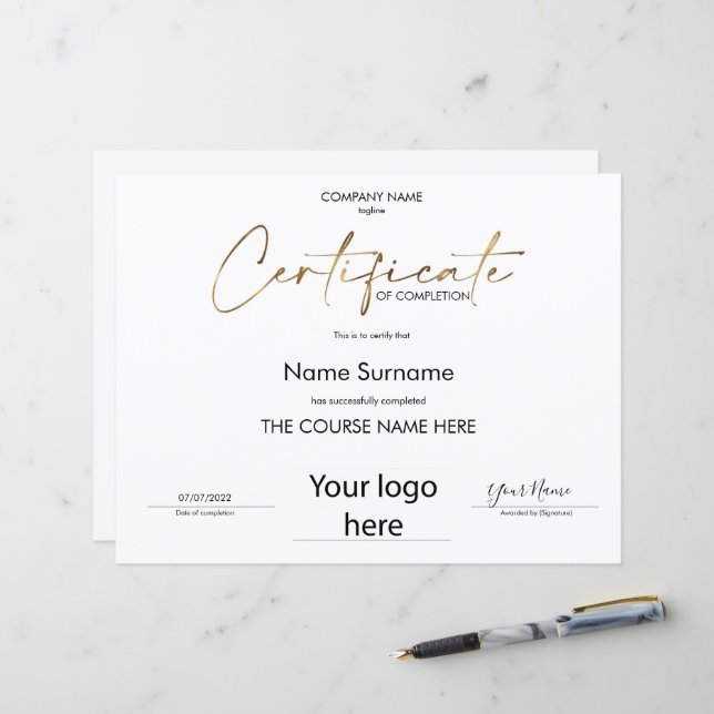 Modernes Minimal-Zertifikat für das Add-Logo für d (Vorderseite/Rückseite Beispiel)