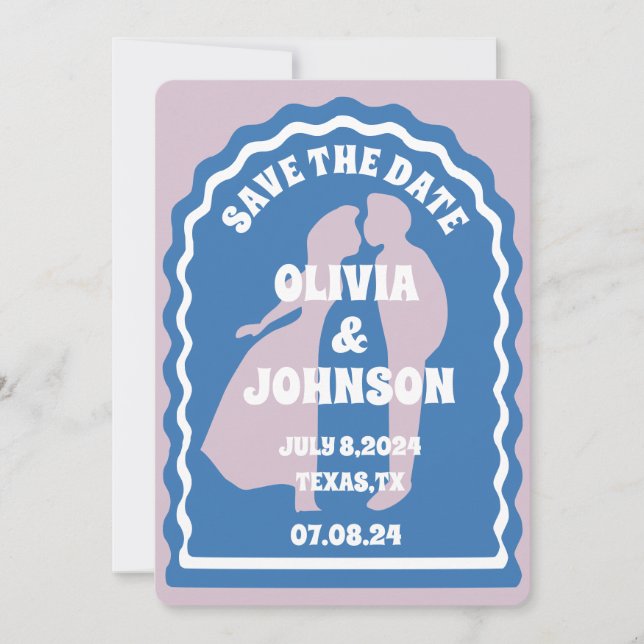 Modernes, minimales Blue Retro Wavy Arch Bold Date Save The Date (Vorderseite)