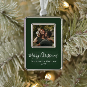 Modernes Minimales Foto Weihnachtskritik Grün Rahmen-Ornament Silber