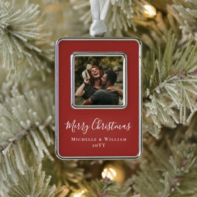 Modernes Minimales Foto Weihnachtsschrift Red Rahmen-Ornament Silber (Baum)