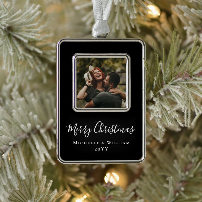Modernes Minimales Foto Weihnachtsschrift Schwarz Rahmen-Ornament Silber (Baum)