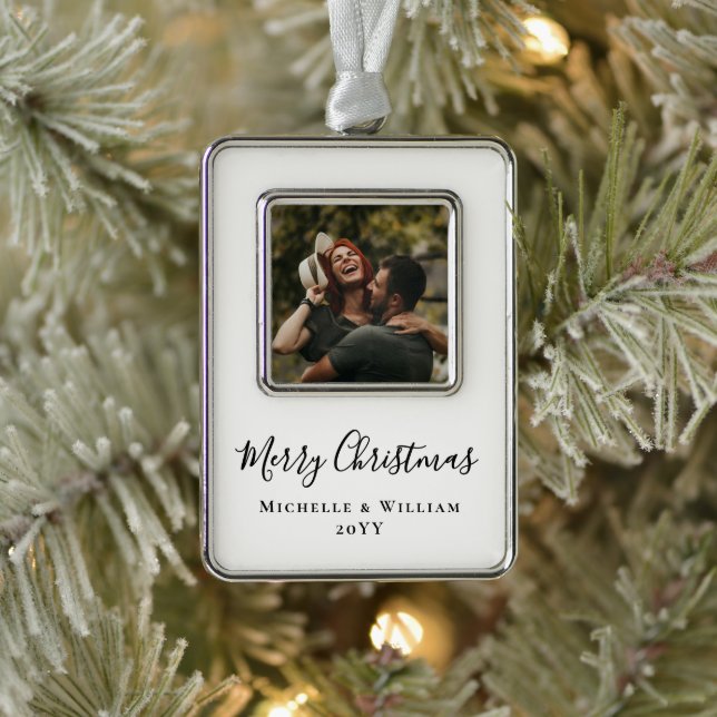 Modernes Minimales Foto Weihnachtsschrift White Rahmen-Ornament Silber (Baum)
