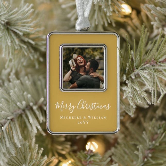 Modernes Minimales Foto Weihnachtsskript Gold Rahmen-Ornament Silber (Baum)