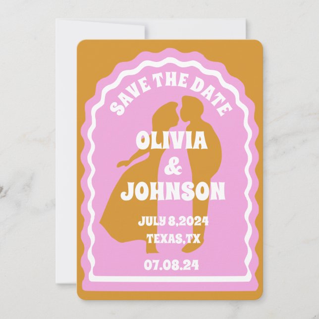 Modernes minimales gelbes Retro-Wavy Arch Fett Dat Save The Date (Vorderseite)