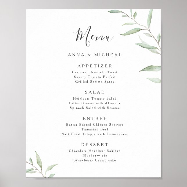 Modernes, minimales Grün rustikales Hochzeitsmenü Poster (Vorne)