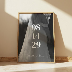 Modernes Minimales Hochzeitdatum Schwarzes und Wei Poster