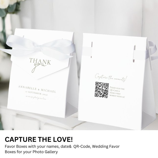 Modernes, minimales QR-Foto für Hochzeiten Geschenkschachtel (Modern, Minimal, Wedding QR Code Photo Sharing Favor Boxes with your names and date.)