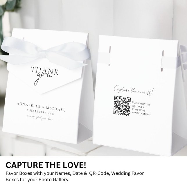 Modernes, minimales QR-Foto für Hochzeiten Geschenkschachtel (Modern, Minimal, Wedding QR Code Photo Sharing Favor Boxes with your names and date.)